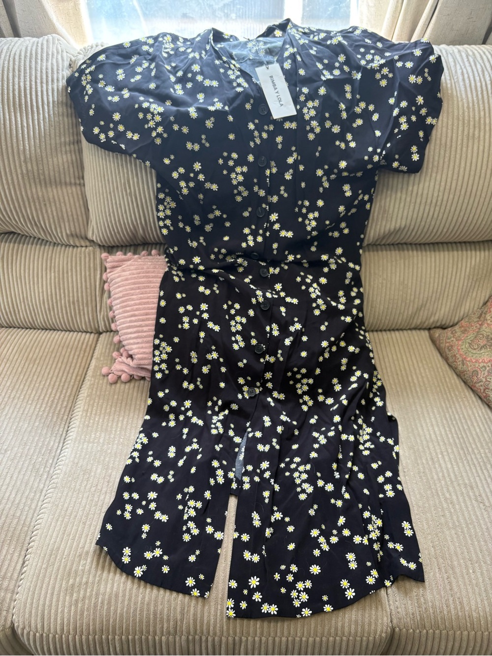 New BIMBA Y LOLA Black Daisy Print Midi Dress 90s vibes medium